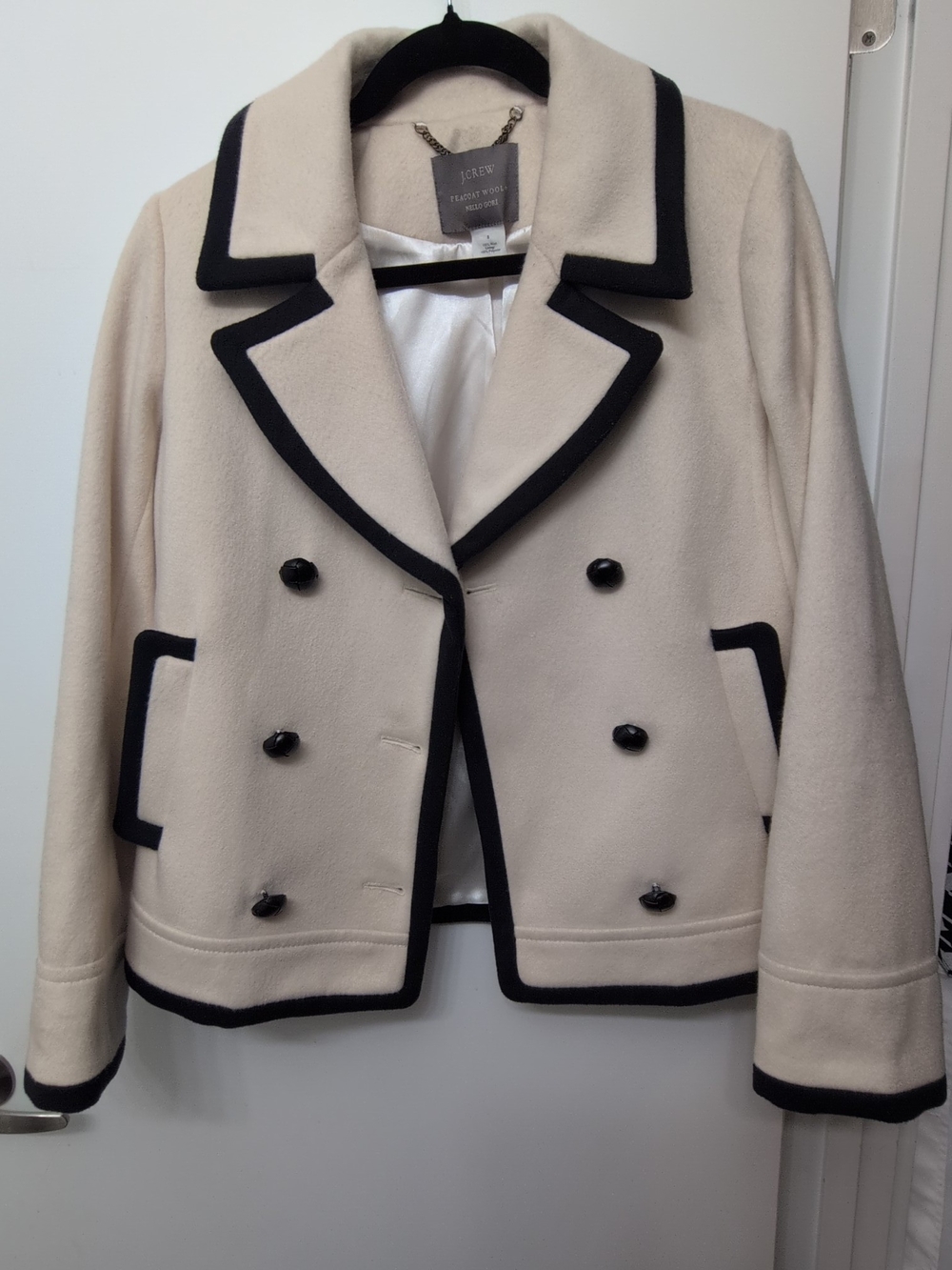 J. Crew Cream Double-Breasted Wool Blazer with Black Trim